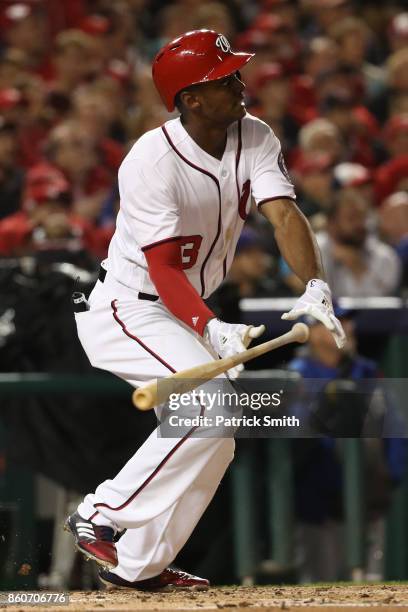 Michael A. Taylor of the Washington Nationals hits a three run home run against the Chicago Cubs during the second inning in game five of the...