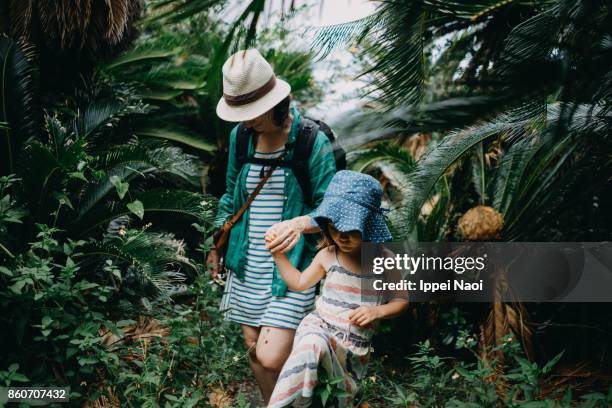 Mother and child hiking in jungle of Sago palms, Japan