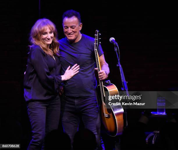 Patti Scialfa and Bruce Springsteen onstage during "Springsteen On Broadway" at Walter Kerr Theatre on October 12, 2017 in New York City.