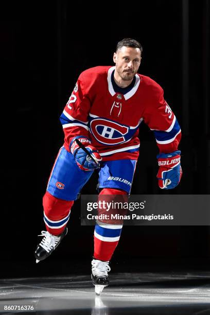 Mark Streit of the Montreal Canadiens takes to the ice during the pre game ceremony prior to the NHL game against the Chicago Blackhawks at the Bell...