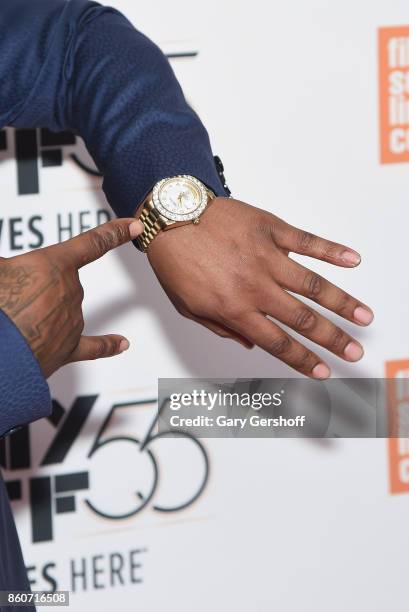 Actor Jason Mitchell, watch detail, attends the "Mudbound" screening during the 55th New York Film Festival at Alice Tully Hall on October 12, 2017...