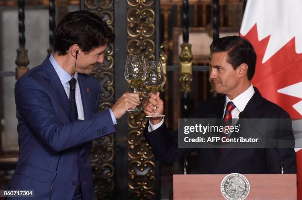 Canada's Prime Minister Justin Trudeau and Mexican President Enrique Pena Nieto make a toast after a meeting at the presidential palace in Mexico...