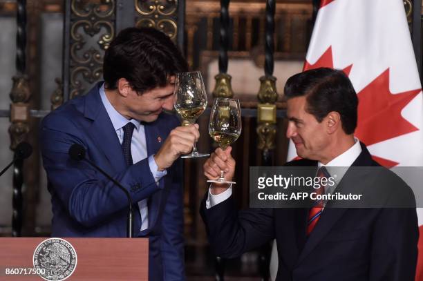Canada's Prime Minister Justin Trudeau and Mexican President Enrique Pena Nieto make a toast after a meeting at the presidential palace in Mexico...