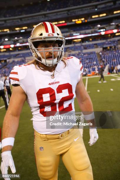 Logan Paulsen of the San Francisco 49ers stands on the field prior to the game against the Indianapolis Colts at Lucas Oil Stadium on October 8, 2017...