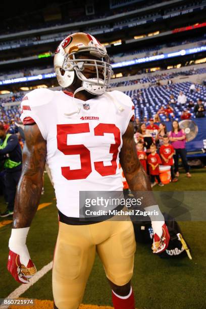 NaVorro Bowman of the San Francisco 49ers stands on the sideline prior to the game against the Indianapolis Colts at Lucas Oil Stadium on October 8,...