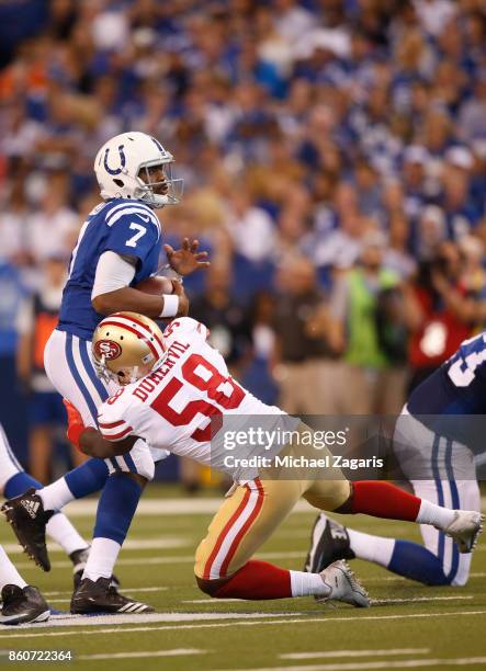 Elvis Dumervil of the San Francisco 49ers sacks Jacoby Brissett of the Indianapolis Colts during the game at Lucas Oil Stadium on October 8, 2017 in...