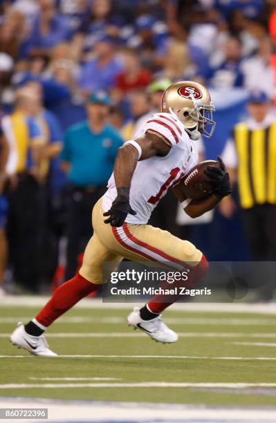 Pierre Garcon of the San Francisco 49ers runs after making a reception during the game against the Indianapolis Colts at Lucas Oil Stadium on October...