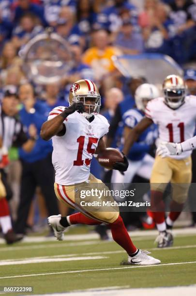 Pierre Garcon of the San Francisco 49ers runs after making a reception during the game against the Indianapolis Colts at Lucas Oil Stadium on October...