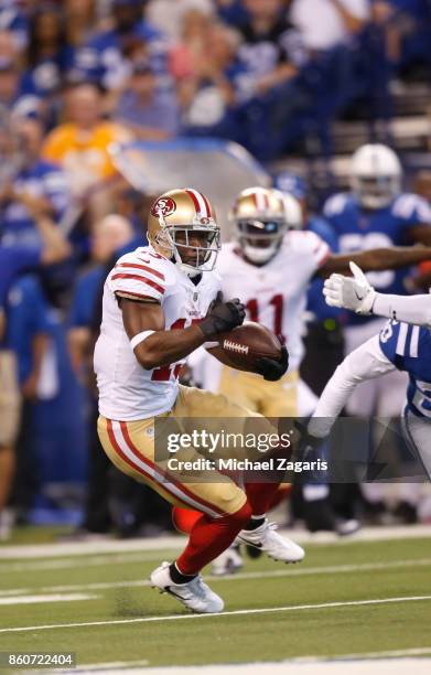 Pierre Garcon of the San Francisco 49ers runs after making a reception during the game against the Indianapolis Colts at Lucas Oil Stadium on October...