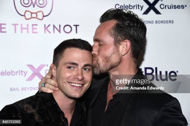 Actor Colton Haynes and his fiance Jeff Leatham arrive at Jesse Tyler Ferguson's Tie The Knot 5-Year Anniversary celebration at NeueHouse Hollywood...