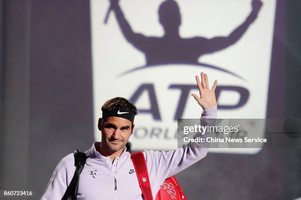 Roger Federer of Switzerland reacts in the Men's singles third round match against Alexandr Dolgopolov of Ukraine on day 5 of 2017 ATP Shanghai Rolex...