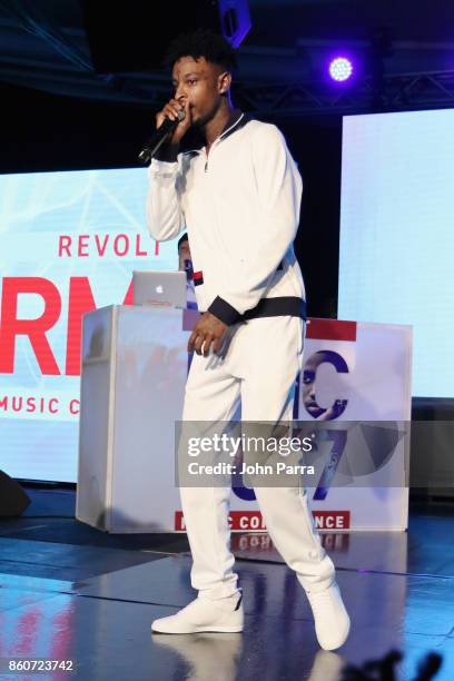 Savage performs on stage at the 2017 REVOLT Music Conference - Chairman's Welcome Ceremony at Eden Roc Hotel on October 12, 2017 in Miami Beach,...