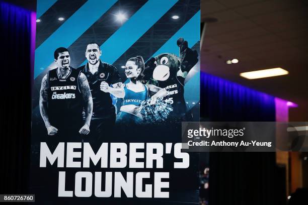 Pull up banner of the Breakers Memeber's Lounge is seen prior to the round two NBL match between the New Zealand Breakers and the Sydney Kings at...