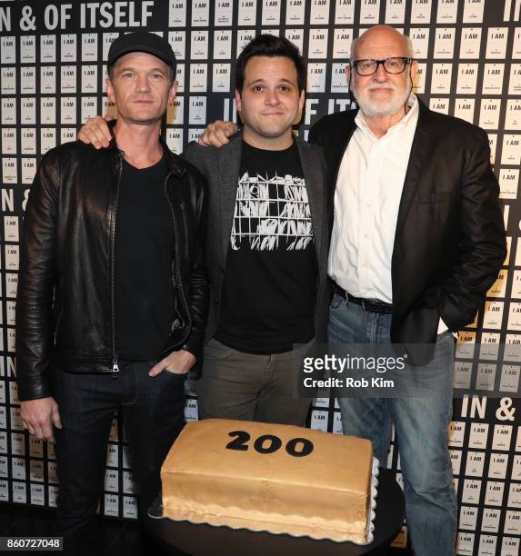 Neil Patrick Harris, Derek DelGaudio and Frank Oz attend the "In & Of Itself" 200th Performance Celebration at Daryl Roth Theatre on October 12, 2017...