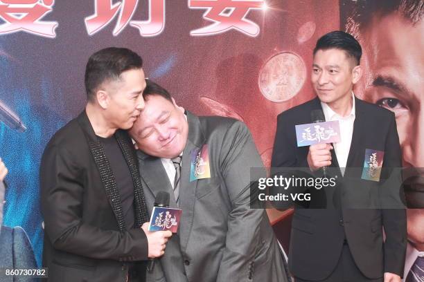 Actor Donnie Yen, director Jing Wong and actor Andy Lau attend celebration party of film "Chasing the Dragon" on October 12, 2017 in Hong Kong, China.