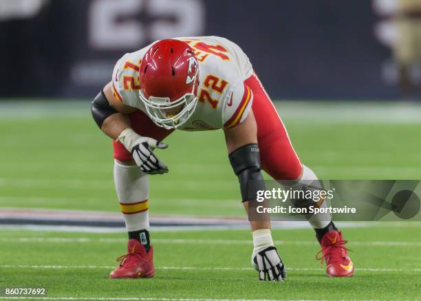 Kansas City Chiefs offensive tackle Eric Fisher waits for the play to begin during the football game between the Kansas City Chiefs and Houston...