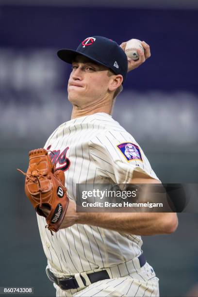 Aaron Slegers of the Minnesota Twins pitches against the Detroit Tigers on September 30, 2017 at Target Field in Minneapolis, Minnesota. The Tigers...