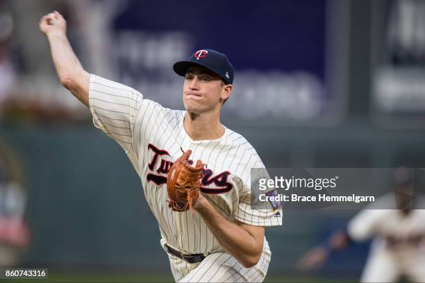 Aaron Slegers of the Minnesota Twins pitches against the Detroit Tigers on September 30, 2017 at Target Field in Minneapolis, Minnesota. The Tigers...