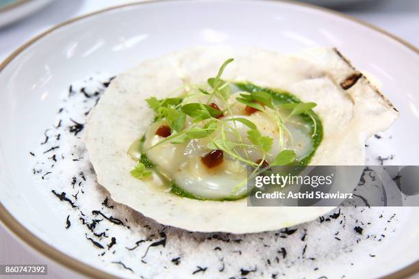 Diver scallop crudo created by chef Emily Yuen is served during the Alain Ducasse celebration of women in the kitchen part of the Bank of America...
