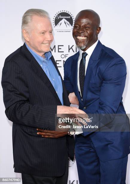 Actors Jon Voight and Djimon Hounsou attend the premiere of "Same Kind of Different as Me" at Westwood Village Theatre on October 12, 2017 in...