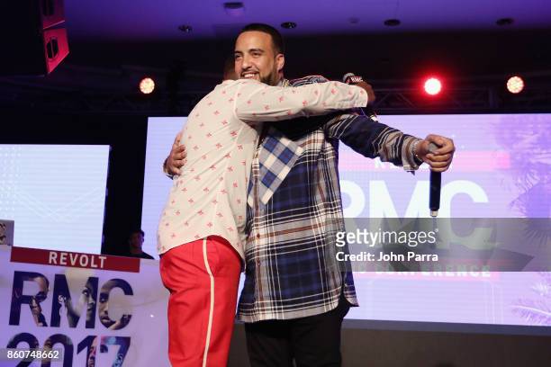 Sean "Diddy" Combs and French Montana speak on stage at the 2017 REVOLT Music Conference - Chairman's Welcome Ceremony at Eden Roc Hotel on October...