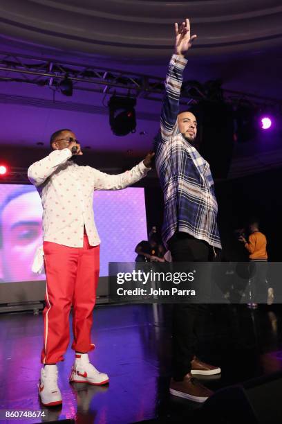 Sean "Diddy" Combs and French Montana perform on stage at the 2017 REVOLT Music Conference - Chairman's Welcome Ceremony at Eden Roc Hotel on October...