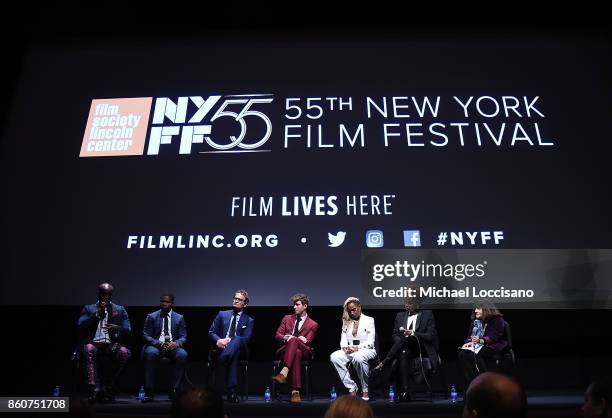 Actors Rob Morgan, Jason Mitchell, Jason Clarke, Garrett Hedlund and Mary J. Blige, director Dee Rees, and moderator, NYFF Programmer Amy Taubin take...