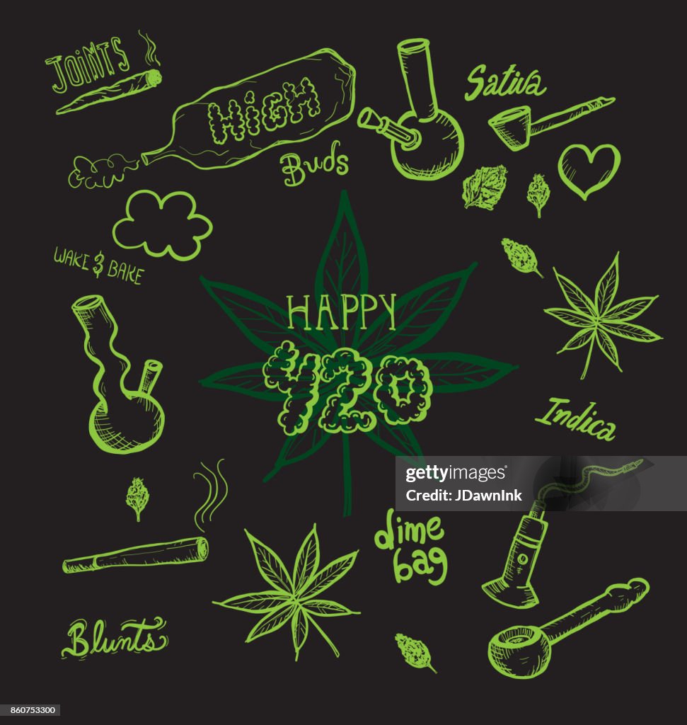 Unkraut Cannabiskultur Happy 420 Hand gezeichnet Entwürfe