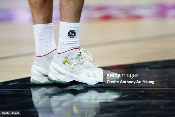 Close up of the shoes of Dane Pineau of the Kings during warm up prior to the round two NBL match between the New Zealand Breakers and the Sydney...