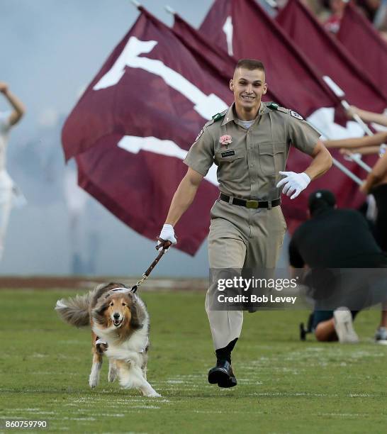 Reveille IX takes the field at Kyle Field on October 7, 2017 in College Station, Texas.