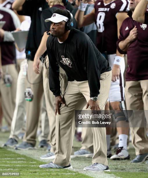 Head coach Kevin Summon of the Texas A&M Aggies watches on from the sidelines against the Alabama Crimson Tide at Kyle Field on October 7, 2017 in...