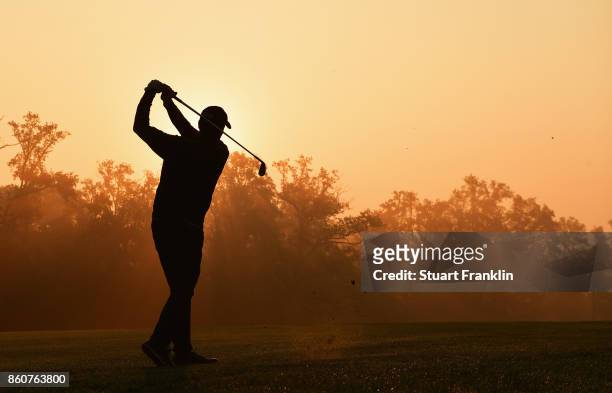 Anders Hansen of Denmark plays a shot during day two of the Italian Open at Golf Club Milano - Parco Reale di Monza on October 13, 2017 in Monza,...