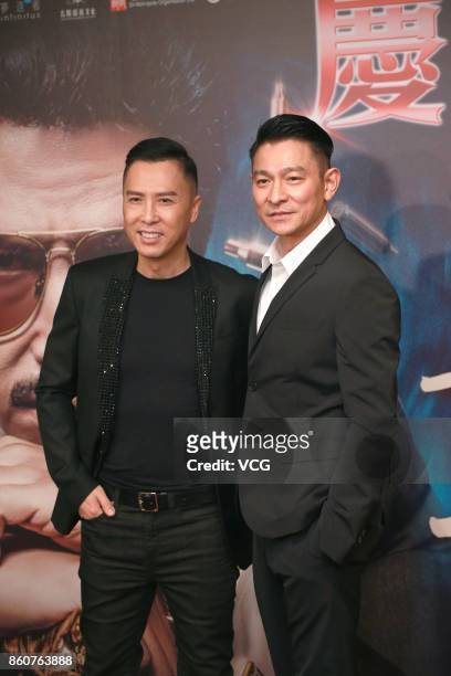 Actor Donnie Yen and actor Andy Lau attend celebration party of film "Chasing the Dragon" on October 12, 2017 in Hong Kong, China.