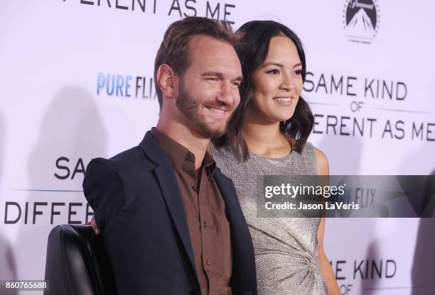 Nick Vujicic and wife Kanae Miyahara attend the premiere of "Same Kind of Different as Me" at Westwood Village Theatre on October 12, 2017 in...