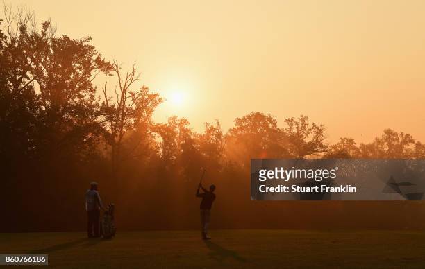 Brandon Stone of South Africa plays a shot during day two of the Italian Open at Golf Club Milano - Parco Reale di Monza on October 13, 2017 in...