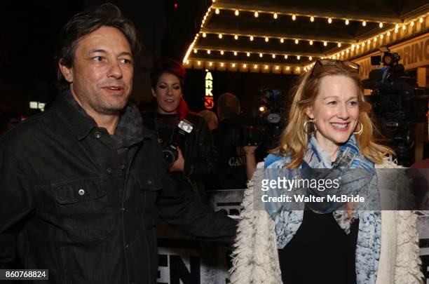 Marc Schauer and Laura Linney attend the opening night performance for 'Springsteen on Broadway' at The Walter Kerr Theatre on October 12, 2017 in...