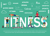 Vector illustration of young people doing workout with equipment. Flat design