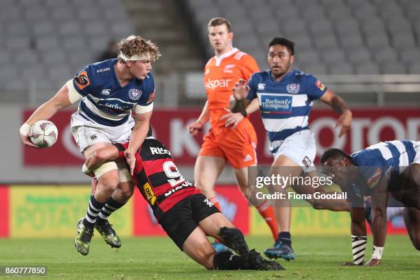 Blake Gibson of Auckland looks to pass during the round nine Mitre 10 Cup match between Auckland and Canterbury at Eden Park on October 13, 2017 in...