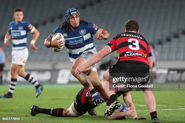 Marcel Renata of Auckland fends during the round nine Mitre 10 Cup match between Auckland and Canterbury at Eden Park on October 13, 2017 in...