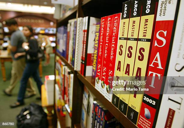 Test preparation books sit on a shelf at a Barnes and Noble store June 27, 2002 in New York City. College Board trustees decided June 27 to add a...