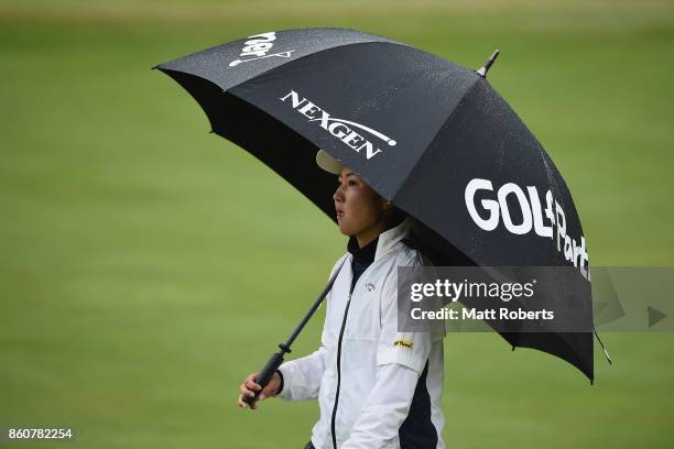 Sarina Kobayashi of Japan looks on during the first round of the Fujitsu Ladies 2017 at the Tokyu Seven Hundred Club on October 13, 2017 in Chiba,...