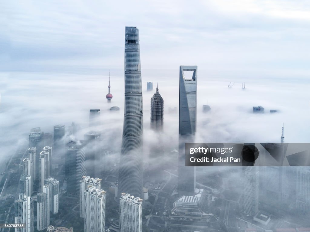 Shanghai Financial District In Fog