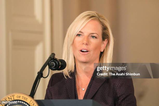 White House Deputy Chief of Staff Kirstjen Nielsen speaks during a nomination announcement at the East Room of the White House October 12, 2017 in...