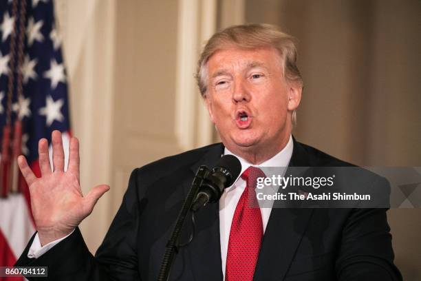 President Donald Trump speaks during a nomination announcement at the East Room of the White House October 12, 2017 in Washington, DC. President...