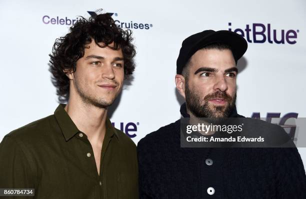 Actor Zachary Quinto and Miles McMillan arrive at Jesse Tyler Ferguson's Tie The Knot 5-Year Anniversary celebration at NeueHouse Hollywood on...