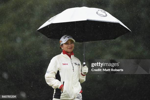 Miyuki Takeuchi of Japan smiles during the first round of the Fujitsu Ladies 2017 at the Tokyu Seven Hundred Club on October 13, 2017 in Chiba, Japan.