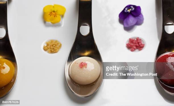 The amuse bouche at Kobo's Kappo Winter Vegan Experience is Mango Sphere with Basil Crystal, Lychee Sphere with Rose Flower Crystal and Strawberry...