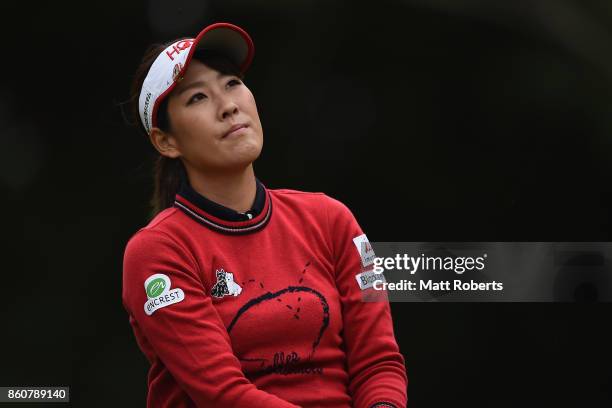 Mami Fukuda of Japan watches her tee shot on the 2nd hole during the first round of the Fujitsu Ladies 2017 at the Tokyu Seven Hundred Club on...