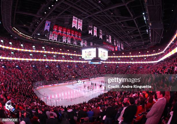 General view of the Bell Centre during the singing of the national anthems prior to Game Three of the Eastern Conference Quarterfinal Round of the...