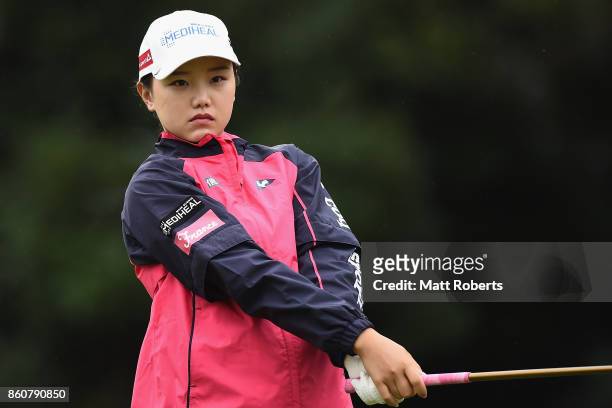 Yuting Seki of China watches her tee shot on the 3rd hole during the first round of the Fujitsu Ladies 2017 at the Tokyu Seven Hundred Club on...